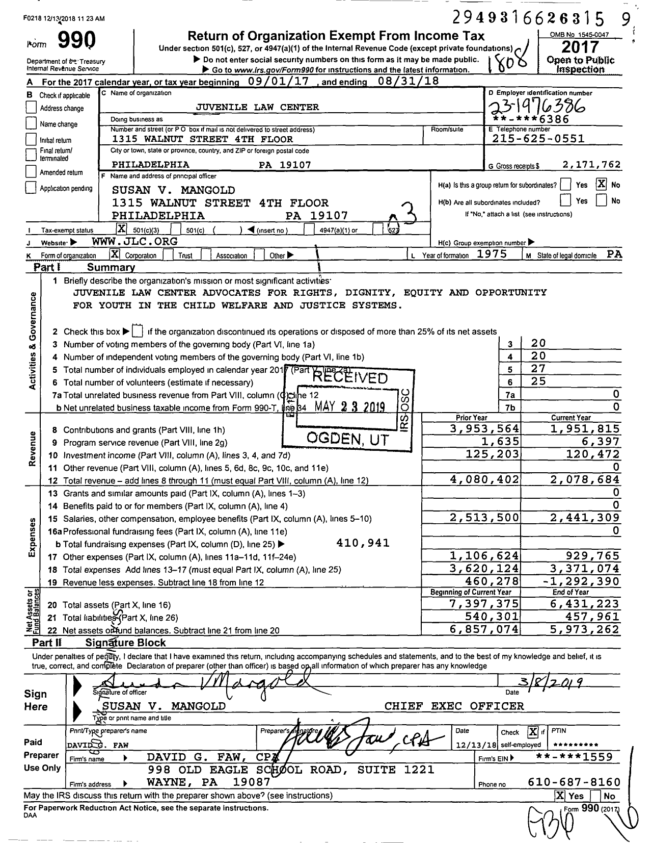 Image of first page of 2017 Form 990 for Juvenile Law Center