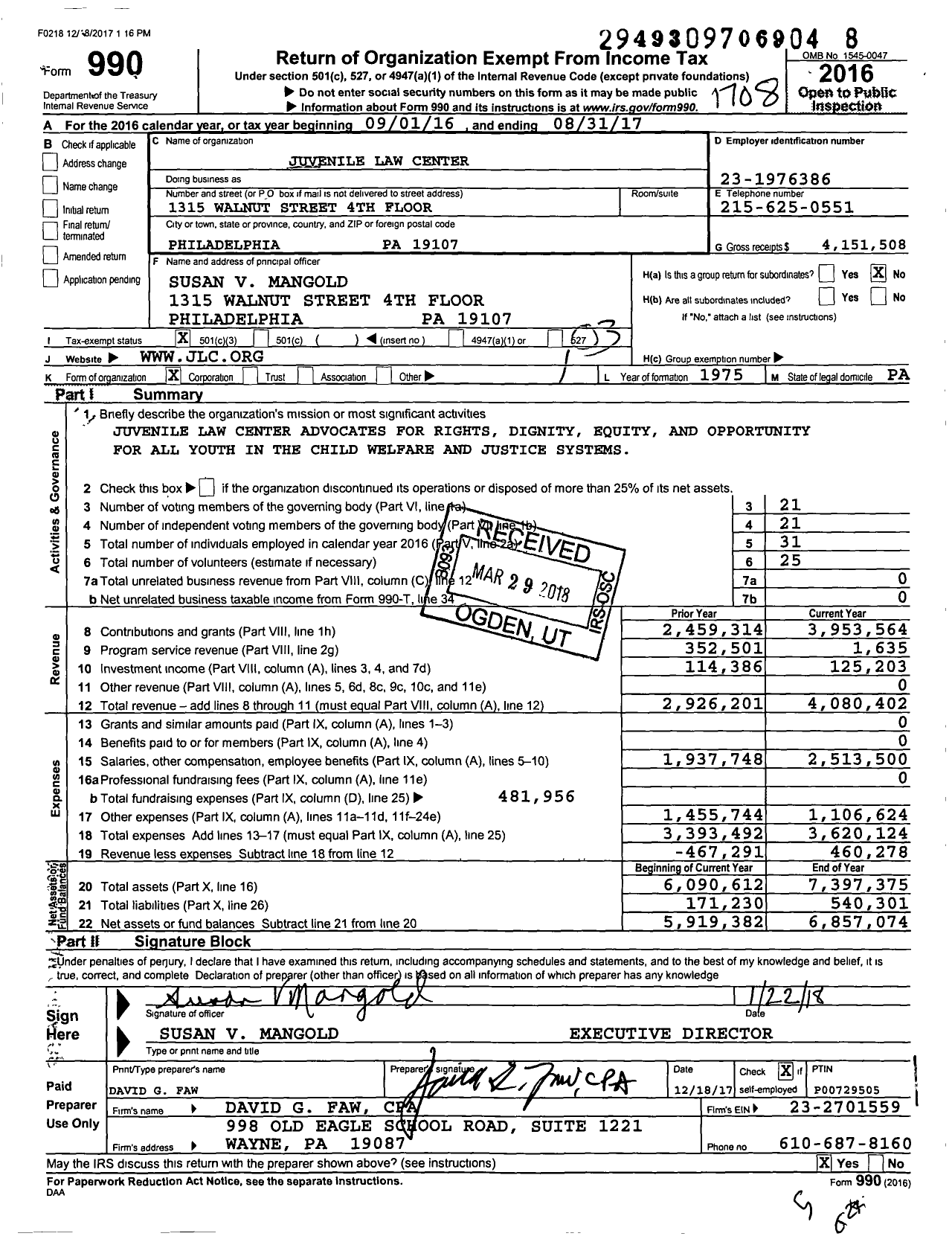 Image of first page of 2016 Form 990 for Juvenile Law Center