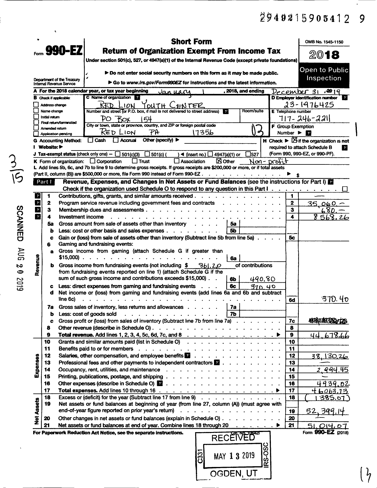 Image of first page of 2019 Form 990EZ for RED LION YOUTH CenTeR