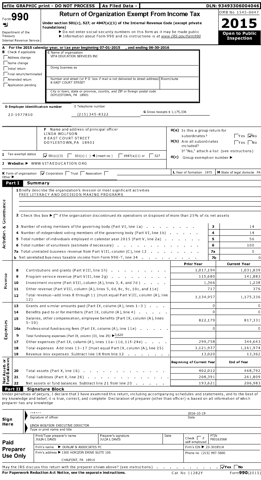 Image of first page of 2015 Form 990 for Vita Education Services