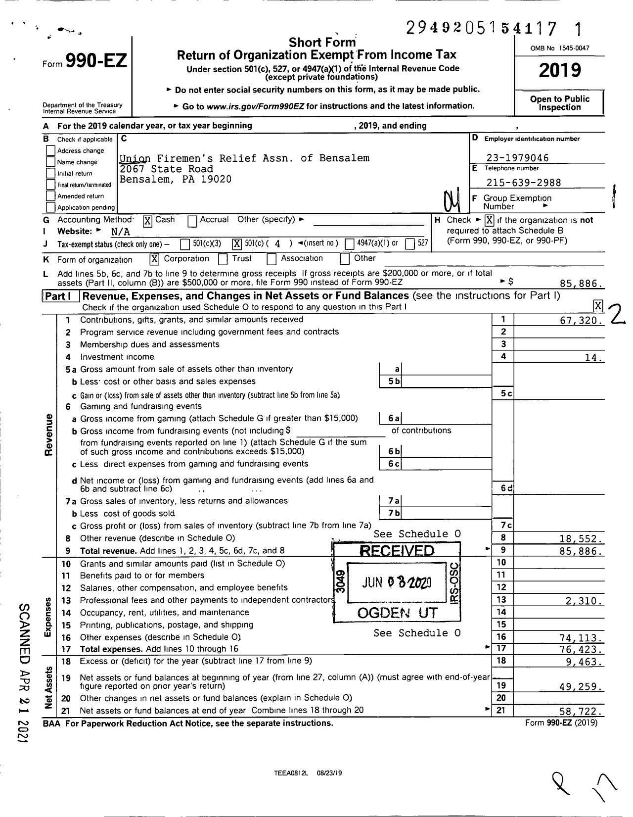 Image of first page of 2019 Form 990EO for Union Firemens Relief Assn of Bensalem