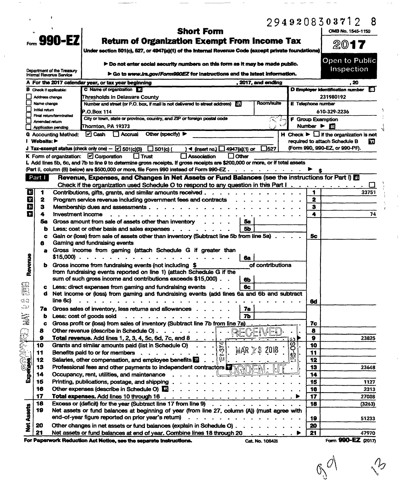 Image of first page of 2017 Form 990EZ for Thresholds in Delaware County