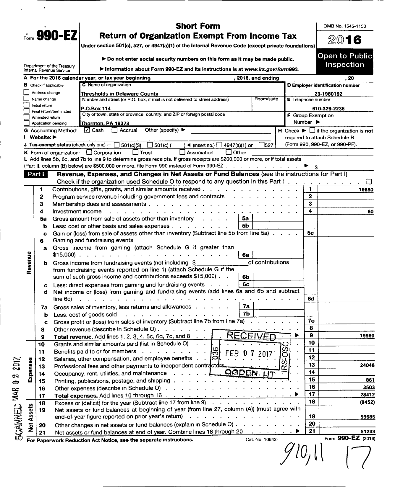 Image of first page of 2016 Form 990EO for Thresholds in Delaware County