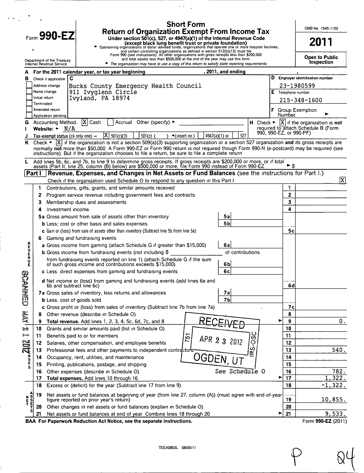 Image of first page of 2011 Form 990EZ for Bucks County Emergency Health Council