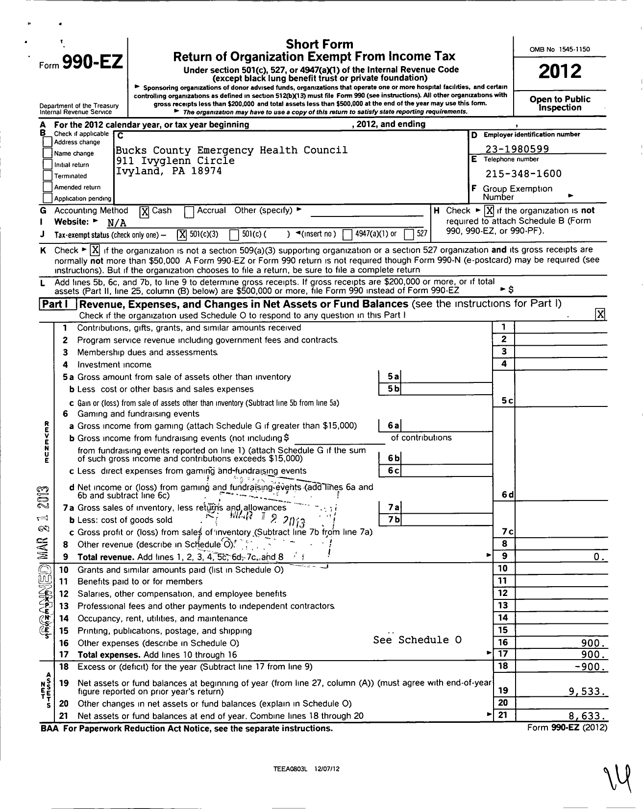 Image of first page of 2012 Form 990EZ for Bucks County Emergency Health Council