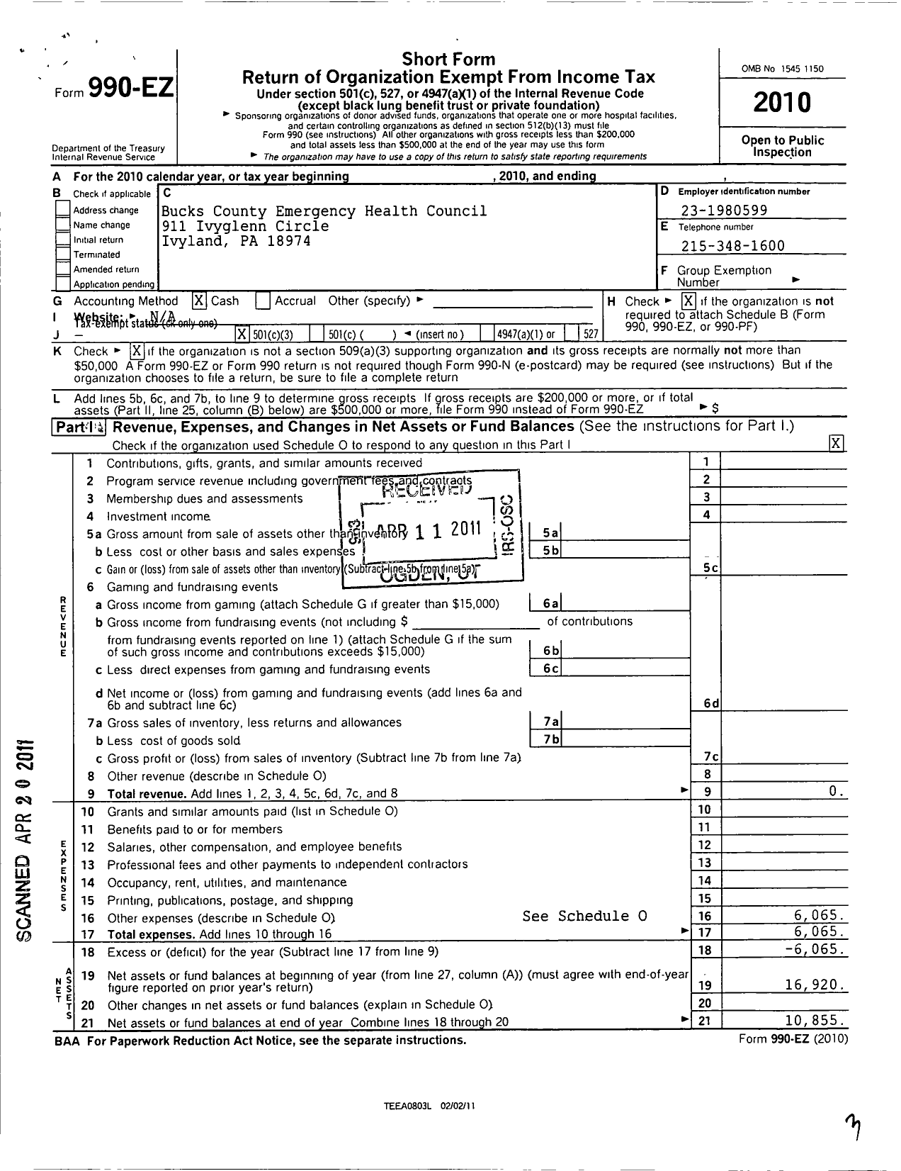 Image of first page of 2010 Form 990EZ for Bucks County Emergency Health Council