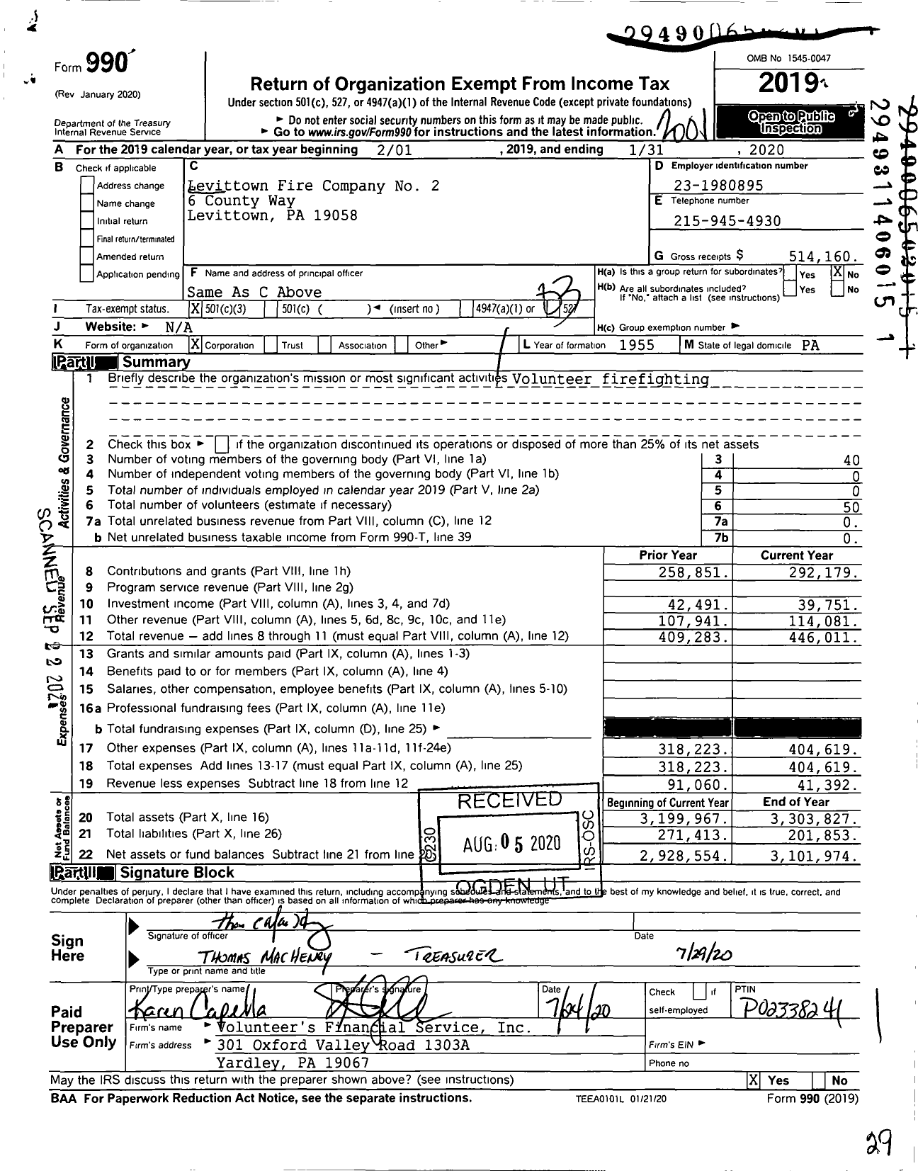 Image of first page of 2019 Form 990 for Levittown Fire Company No 2