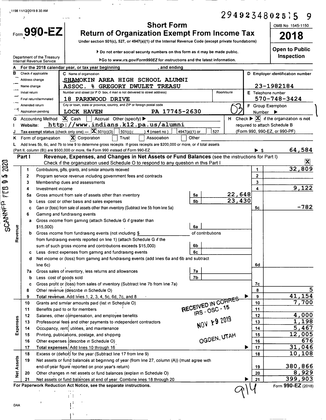 Image of first page of 2018 Form 990EZ for Shamokin Area High School Alumni Assoc