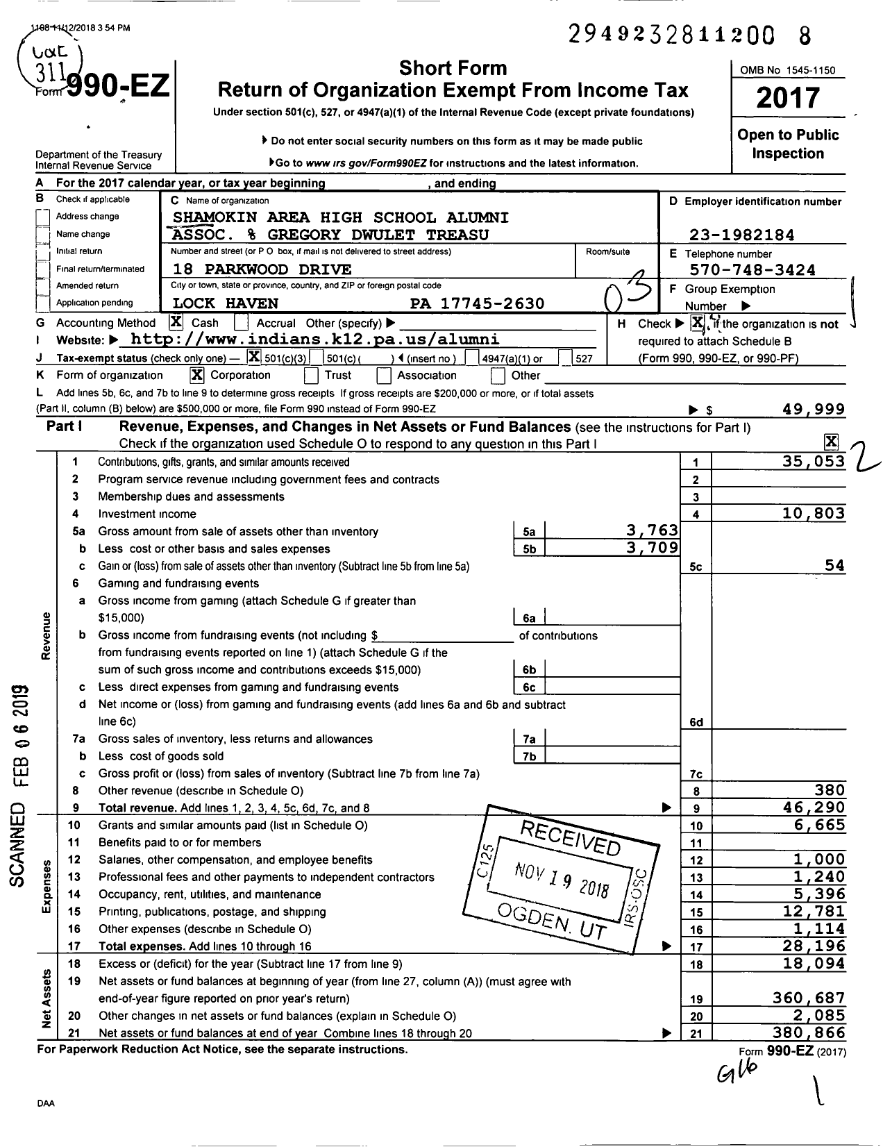 Image of first page of 2017 Form 990EZ for Shamokin Area High School Alumni Assoc