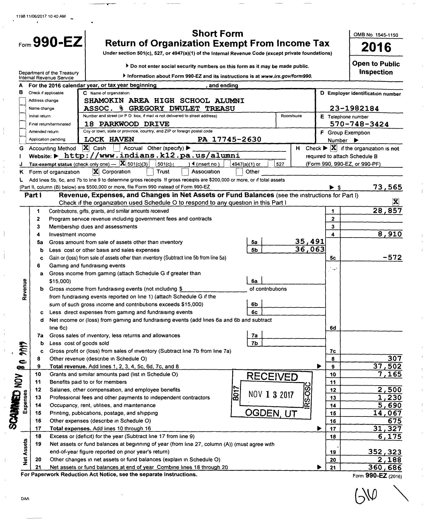 Image of first page of 2016 Form 990EZ for Shamokin Area High School Alumni Assoc