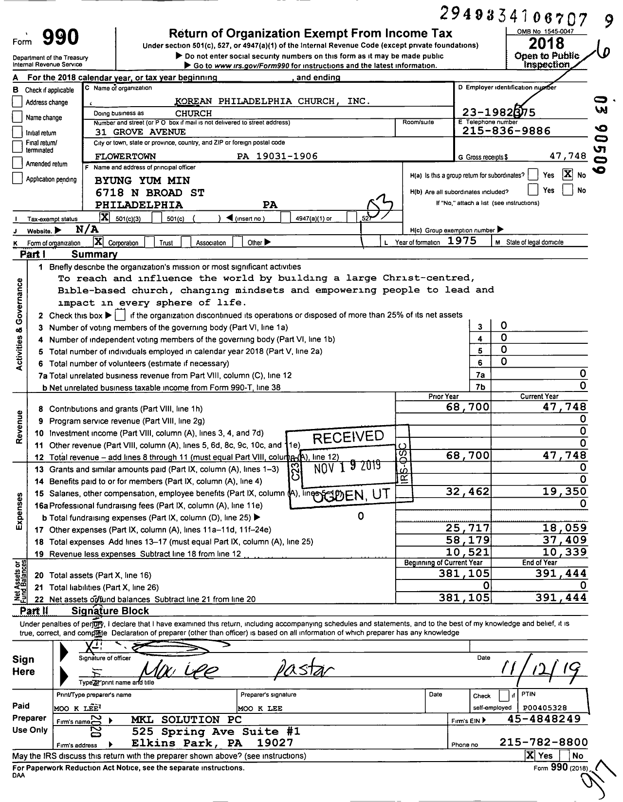 Image of first page of 2018 Form 990 for Korean Philadelphia Church