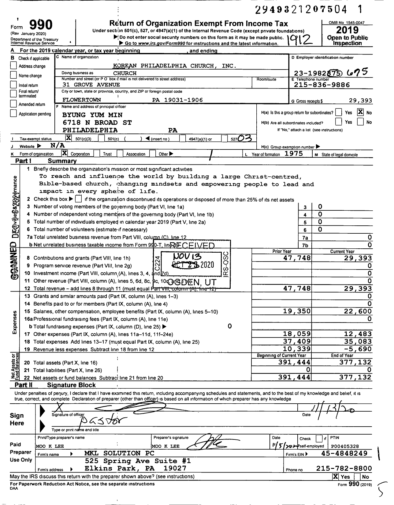 Image of first page of 2019 Form 990 for Korean Philadelphia Church