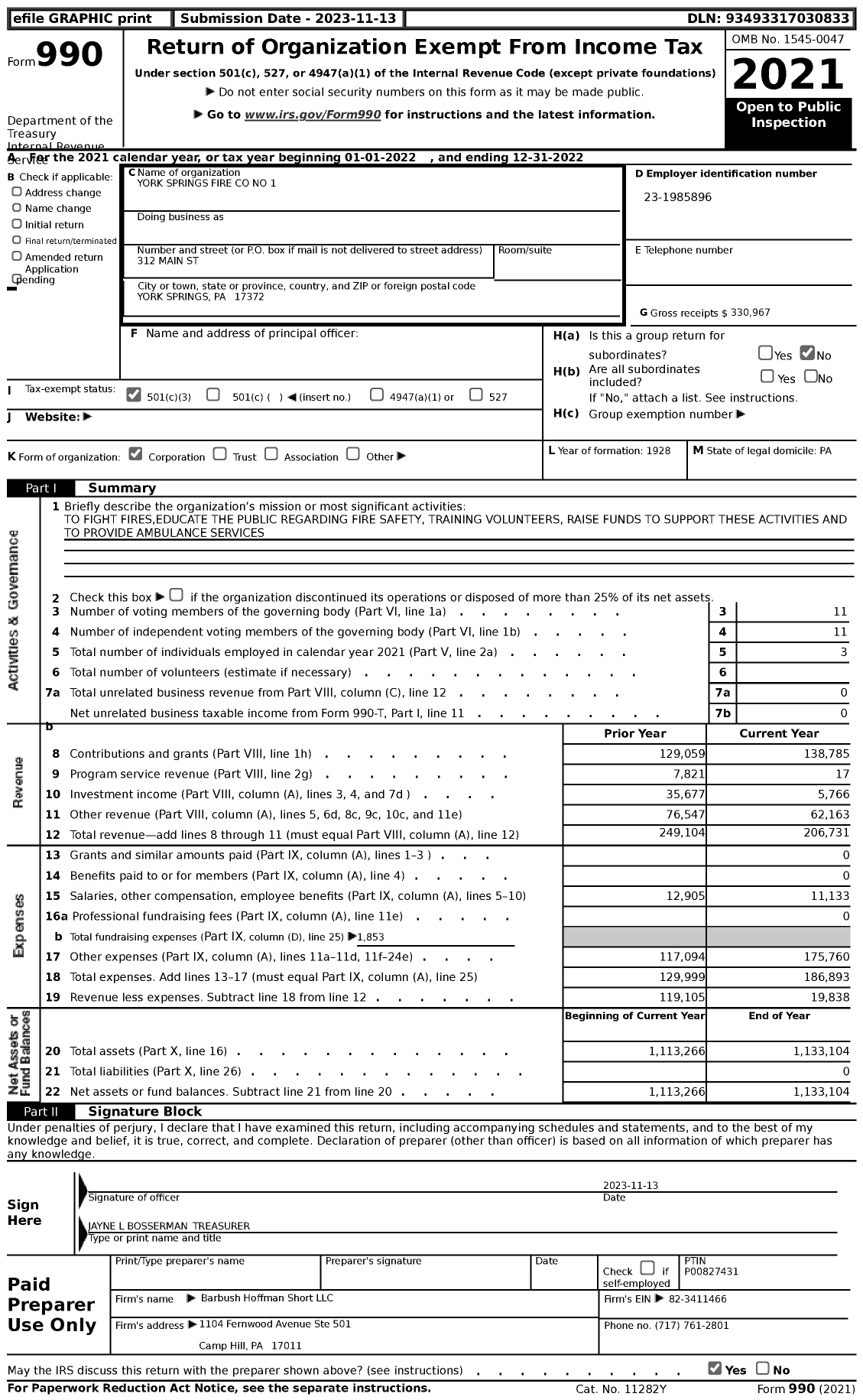 Image of first page of 2022 Form 990 for York Springs Fire No 1