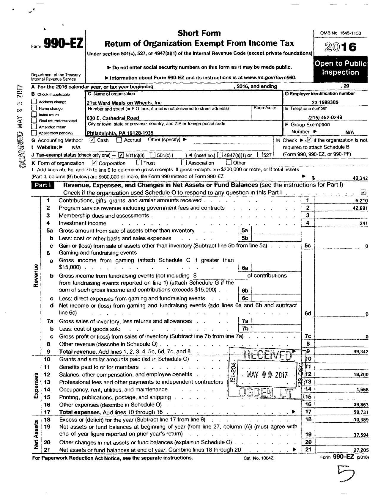 Image of first page of 2016 Form 990EZ for 21st Ward Meals on Wheels