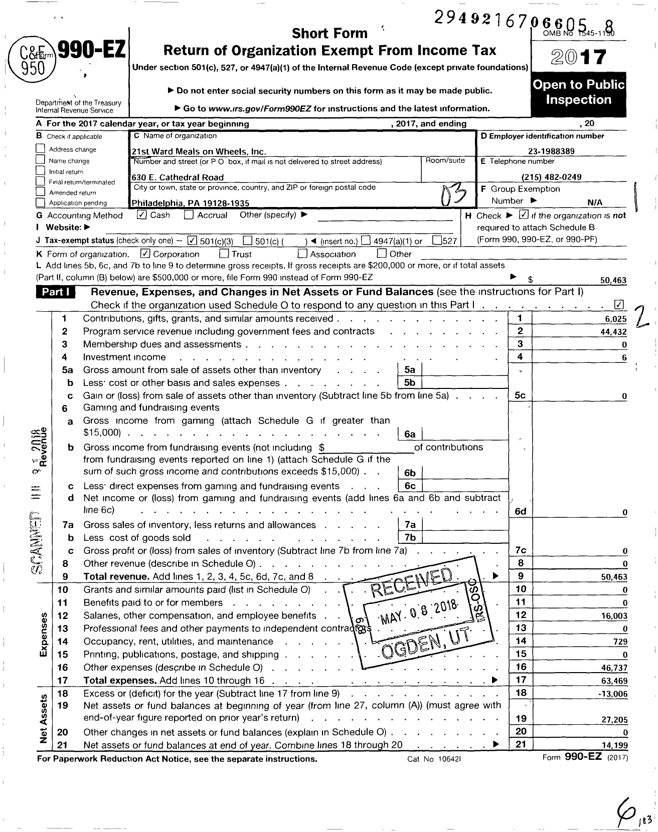 Image of first page of 2017 Form 990EZ for 21st Ward Meals on Wheels