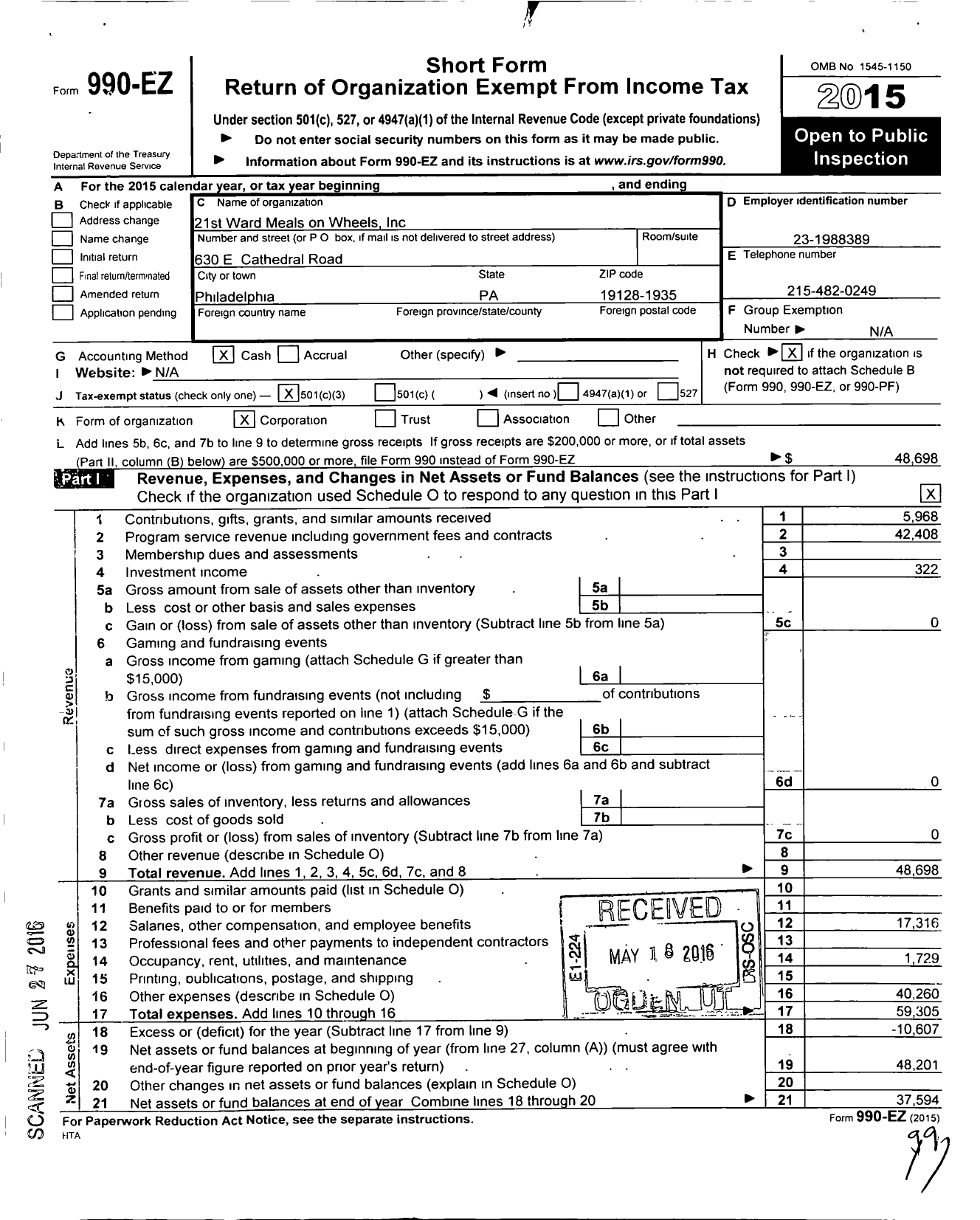 Image of first page of 2015 Form 990EZ for 21st Ward Meals on Wheels