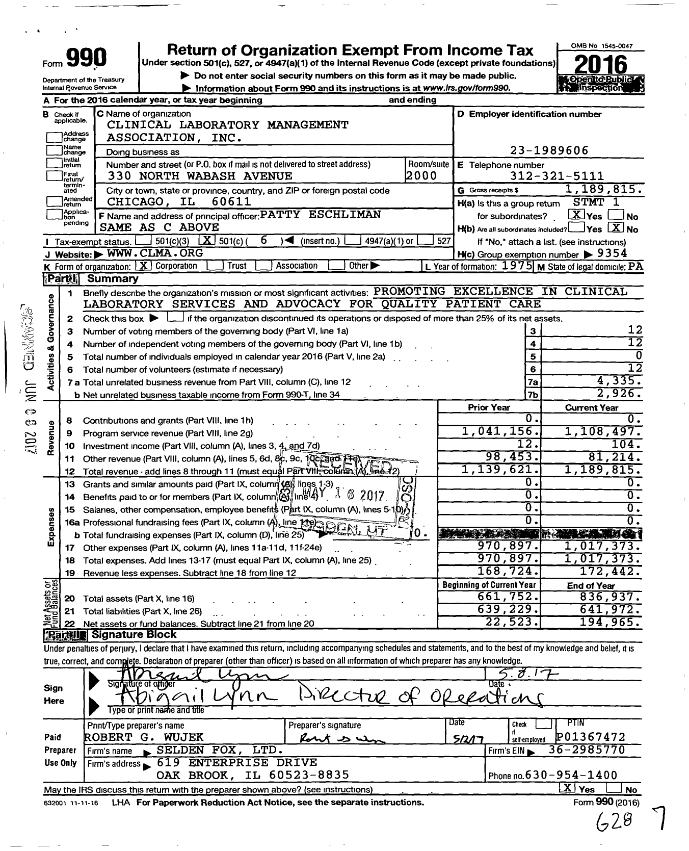 Image of first page of 2016 Form 990O for Clinical Laboratory Management Association (CLMA)