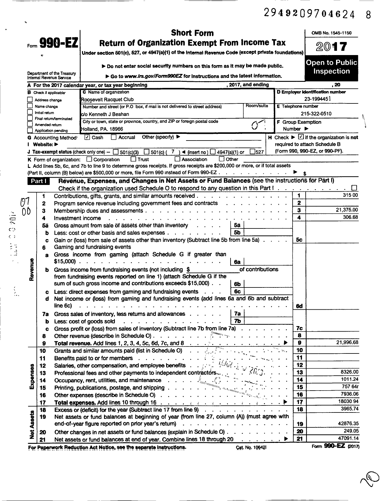 Image of first page of 2017 Form 990EO for Roosevelt Racquet Club