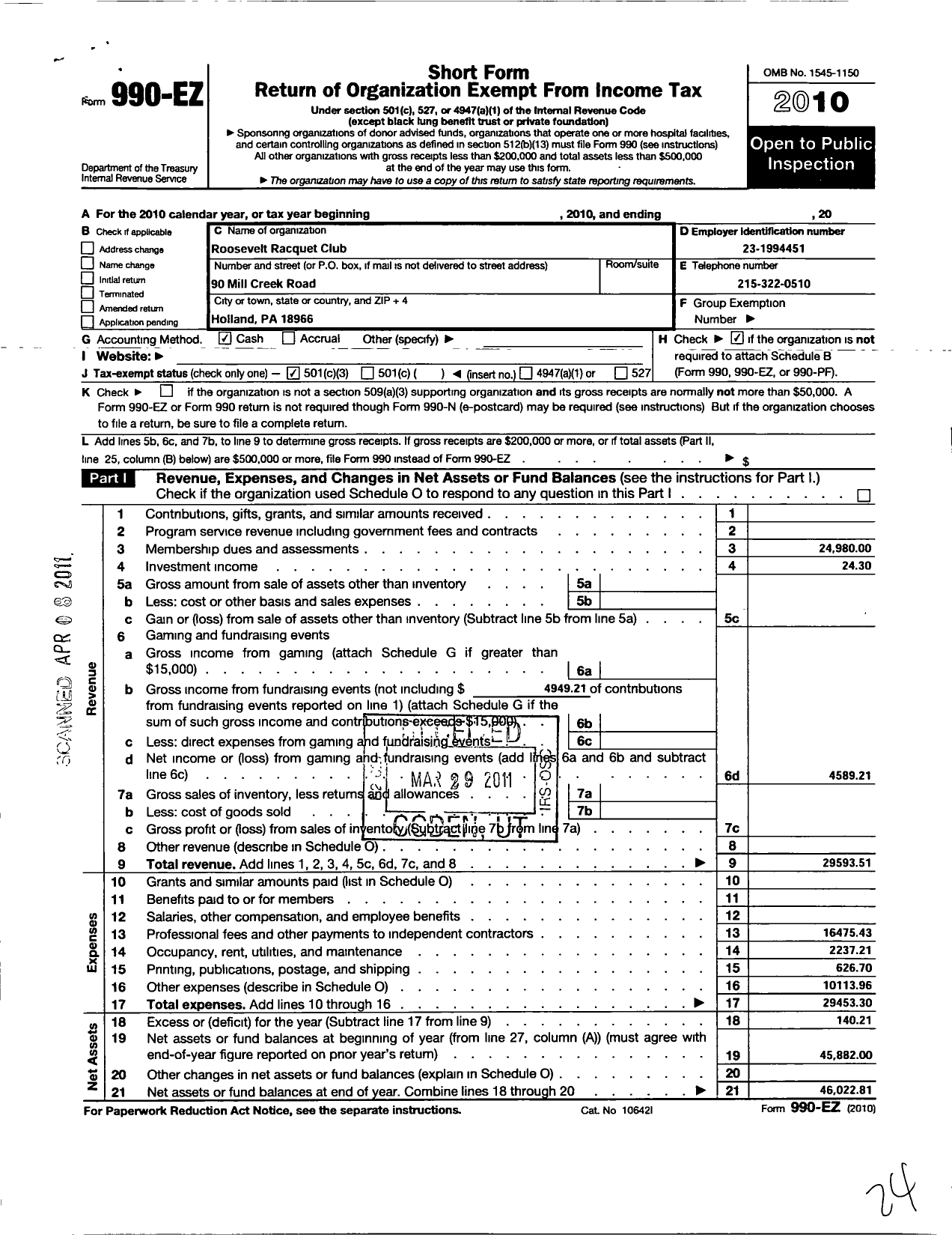 Image of first page of 2010 Form 990EZ for Roosevelt Racquet Club