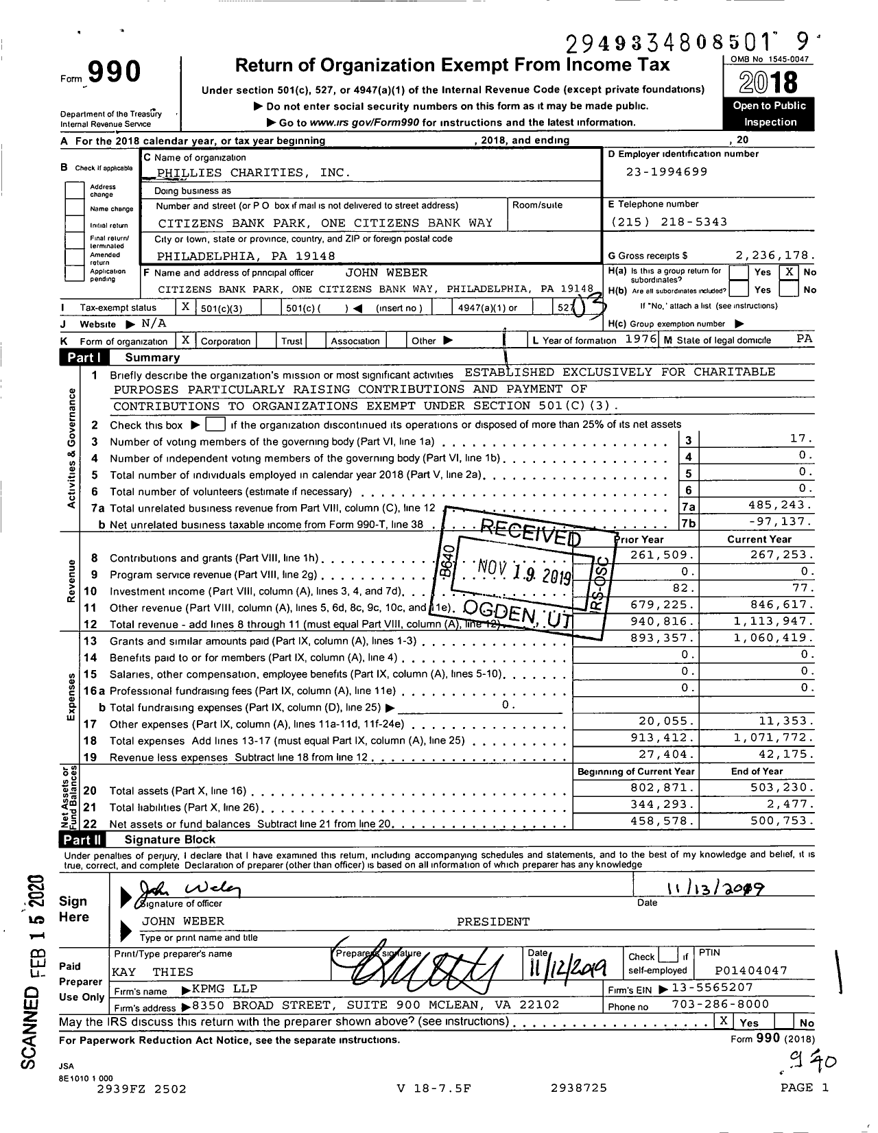 Image of first page of 2018 Form 990 for Phillies Charities