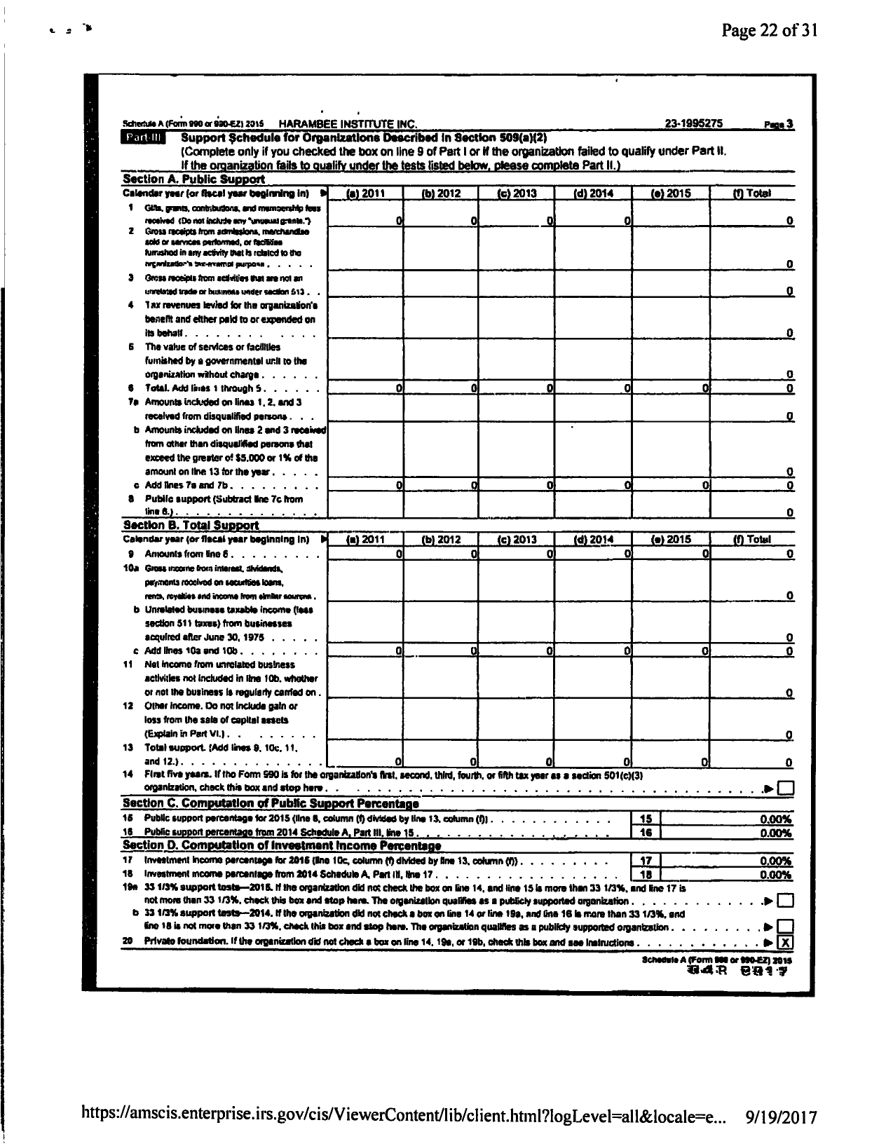 Image of first page of 2015 Form 990R for Harambee Institute