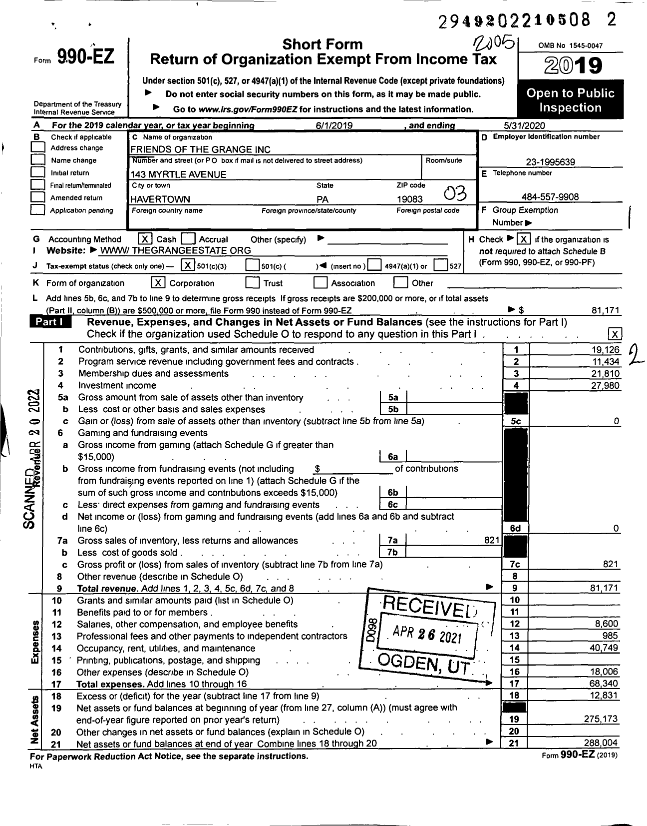 Image of first page of 2019 Form 990EZ for Friends of the Grange