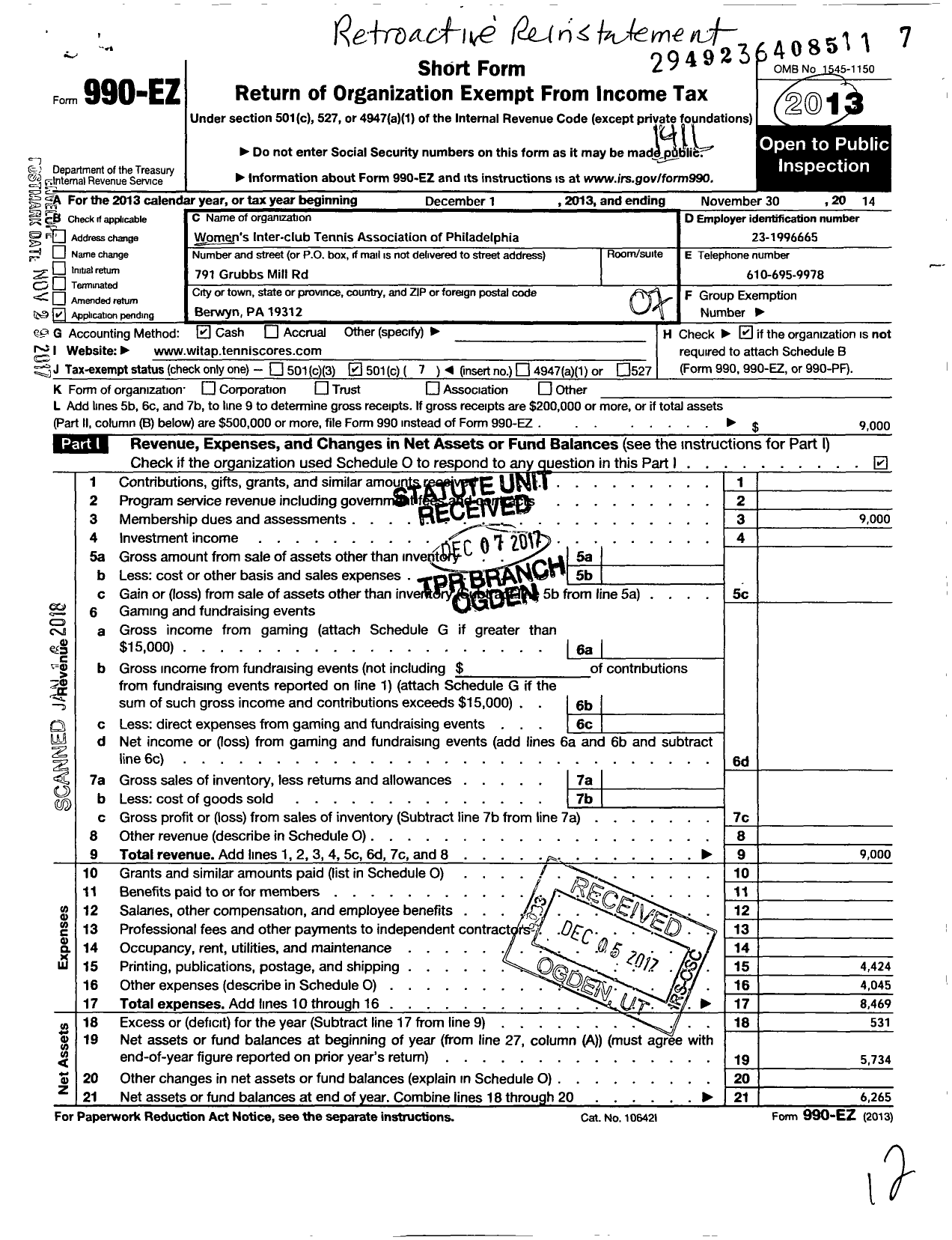 Image of first page of 2013 Form 990EO for Womens Inter-Club Tennis Association of Philadelphia