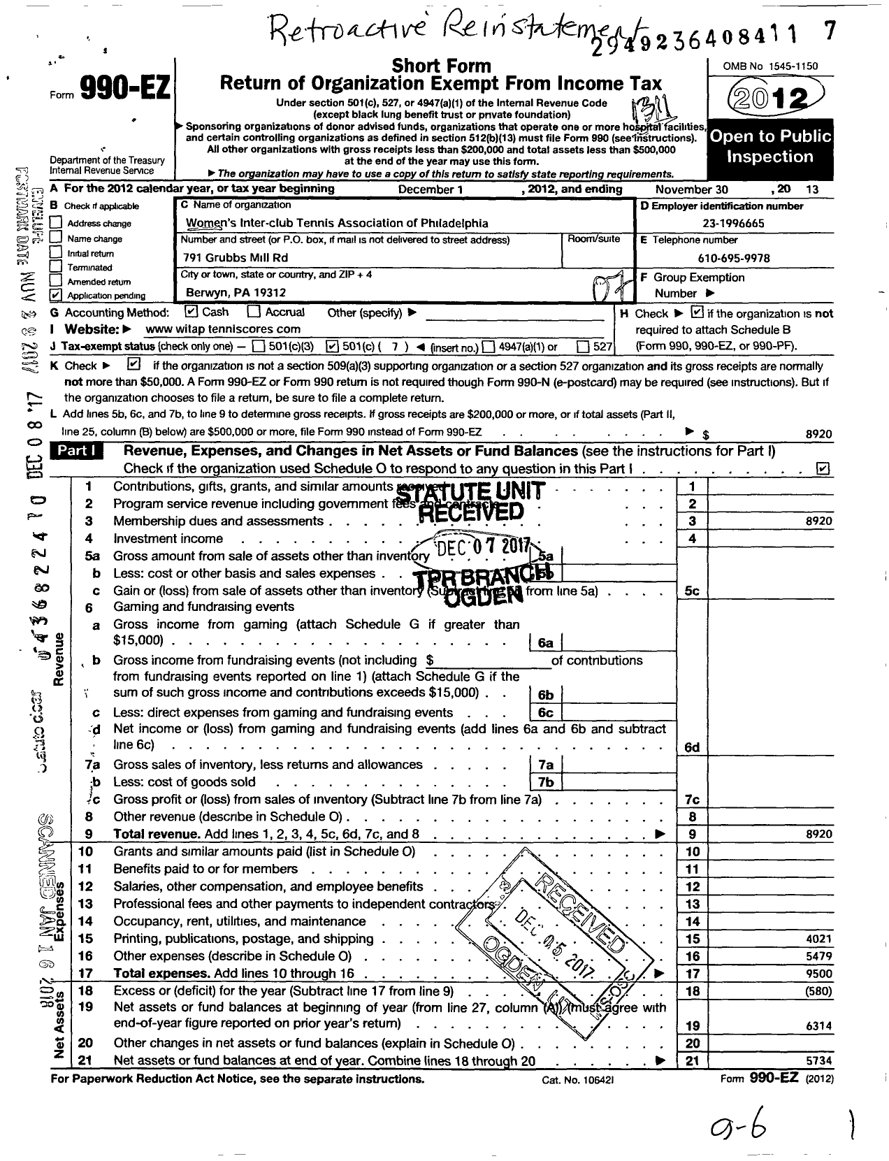 Image of first page of 2012 Form 990EO for Womens Inter-Club Tennis Association of Philadelphia