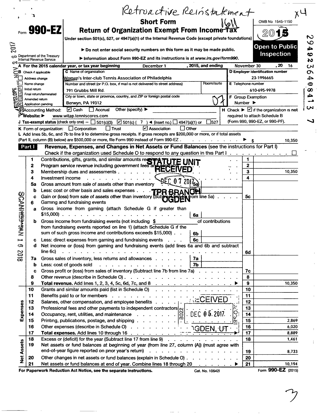 Image of first page of 2015 Form 990EO for Womens Inter-Club Tennis Association of Philadelphia