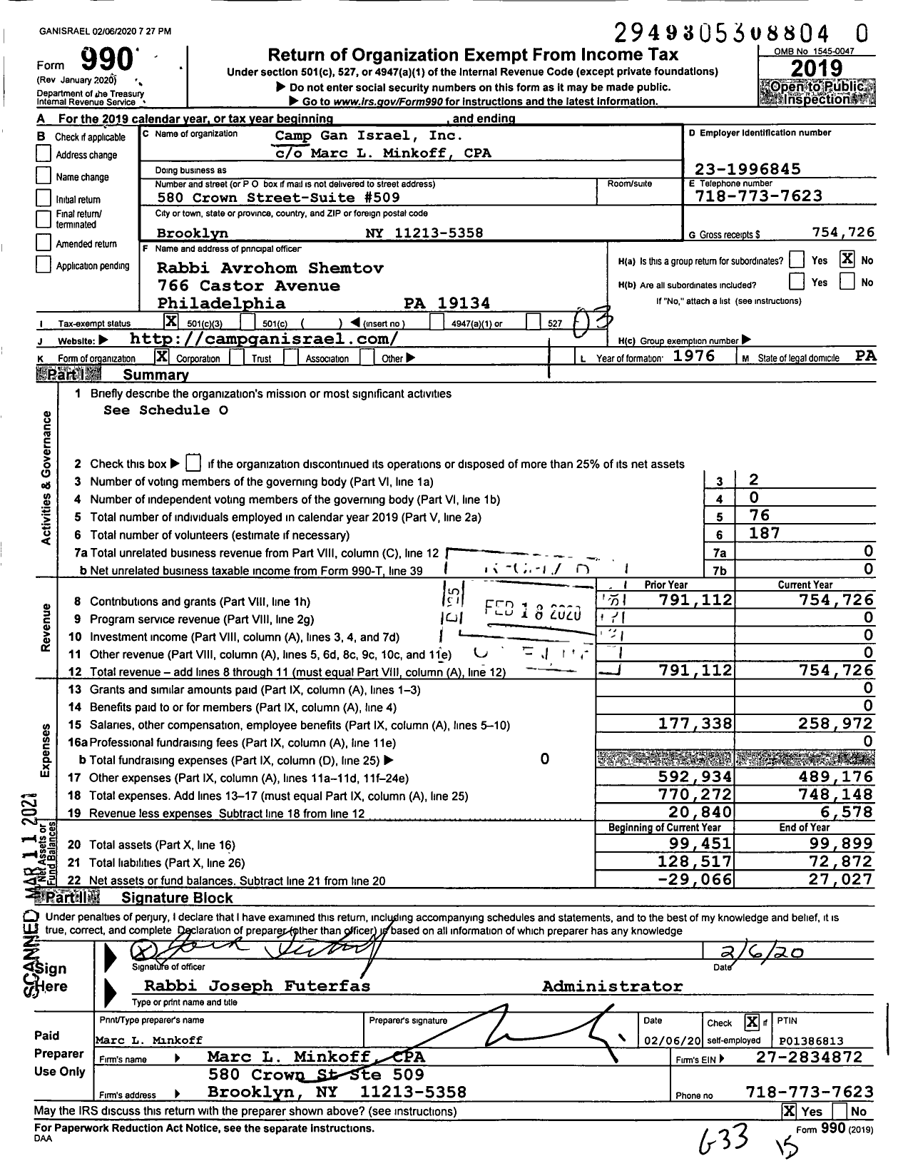 Image of first page of 2019 Form 990 for Chabad of Brooklyn Heights