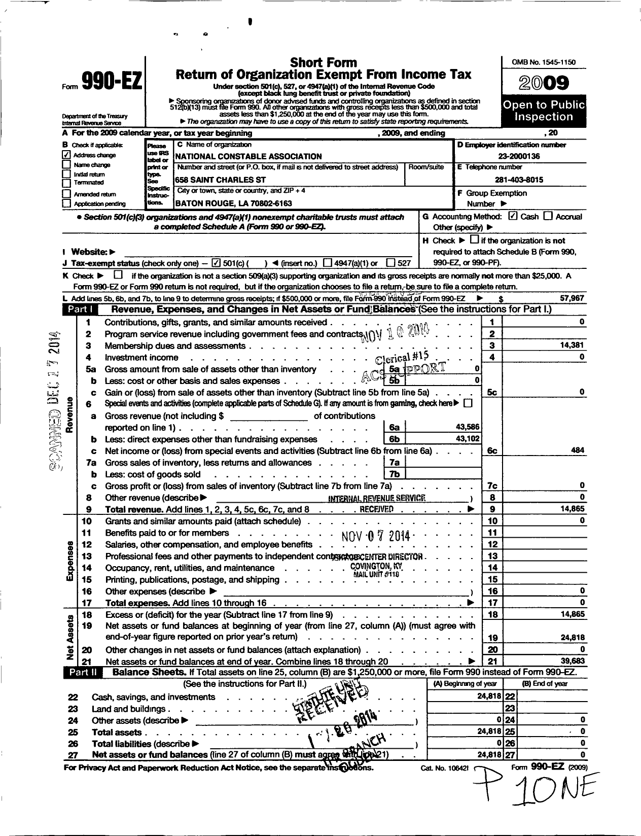 Image of first page of 2009 Form 990EO for National Constables and Marshals Association