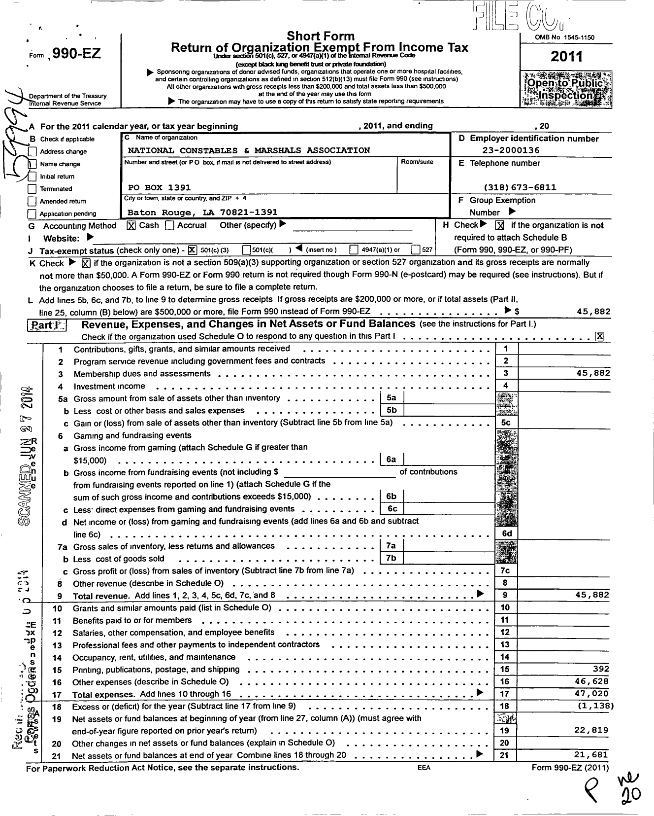 Image of first page of 2011 Form 990EZ for National Constables and Marshals Association