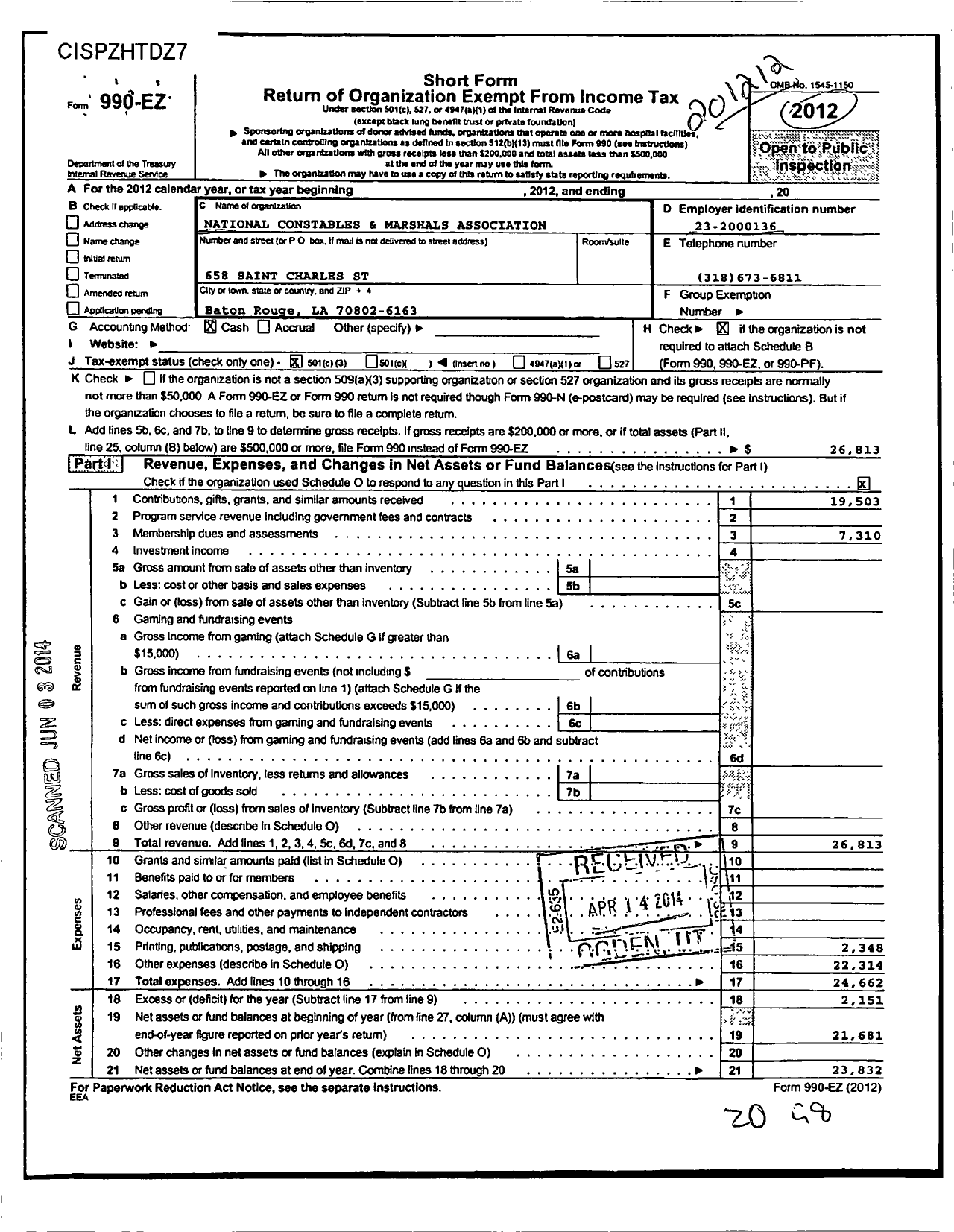 Image of first page of 2012 Form 990EZ for National Constables and Marshals Association