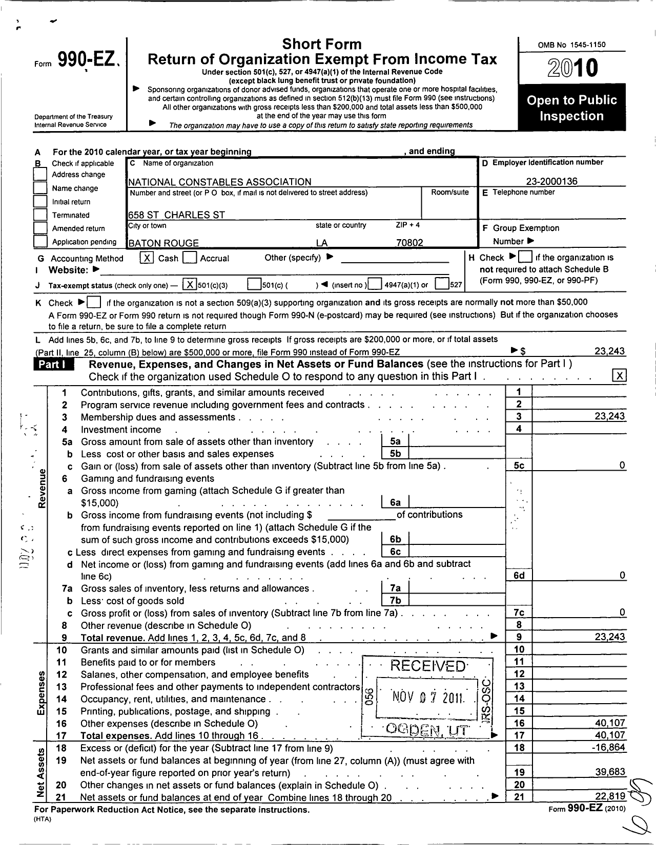 Image of first page of 2010 Form 990EZ for National Constables and Marshals Association