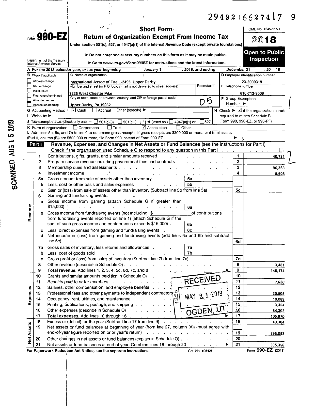 Image of first page of 2018 Form 990EO for International Association of Fire Fighters - L2493 Upper Darby