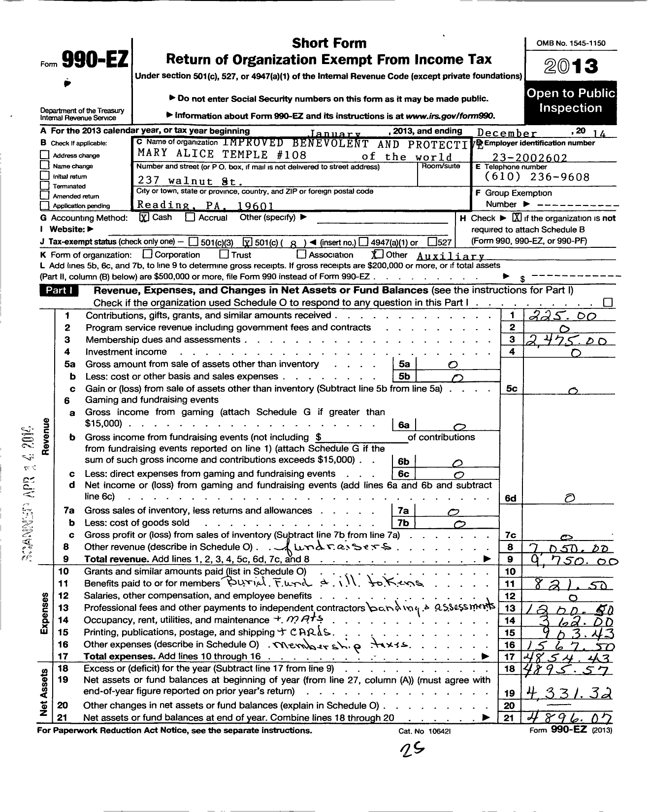 Image of first page of 2014 Form 990EO for Mary Alice Temple 108