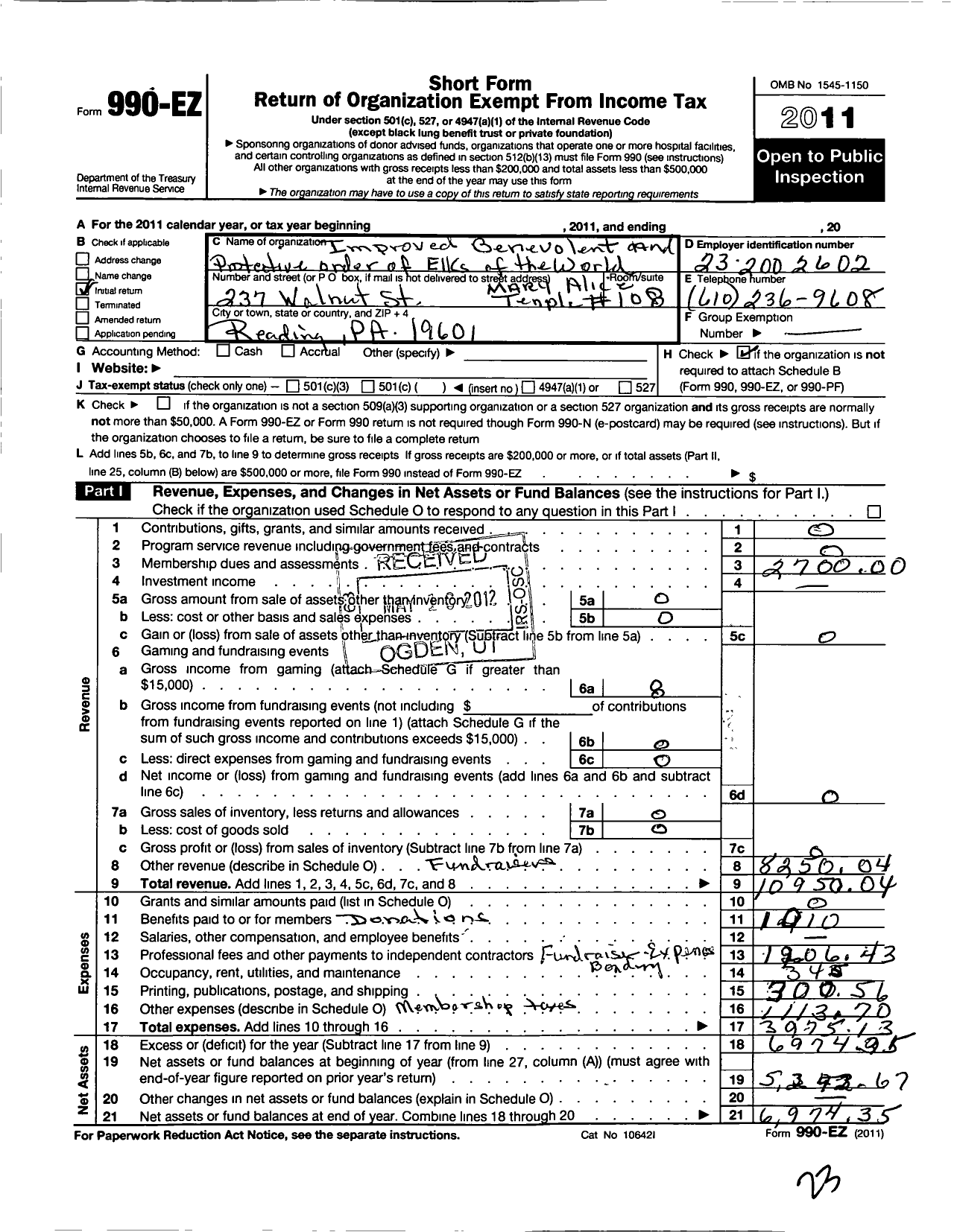 Image of first page of 2011 Form 990EO for Mary Alice Temple 108