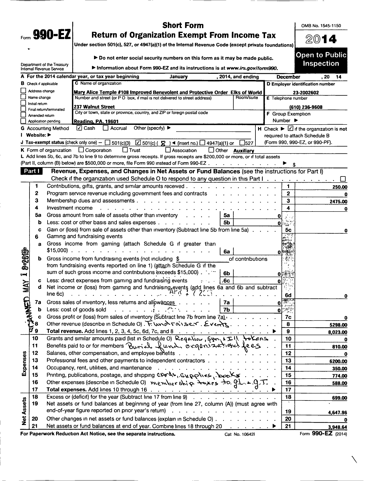 Image of first page of 2014 Form 990EO for Mary Alice Temple 108