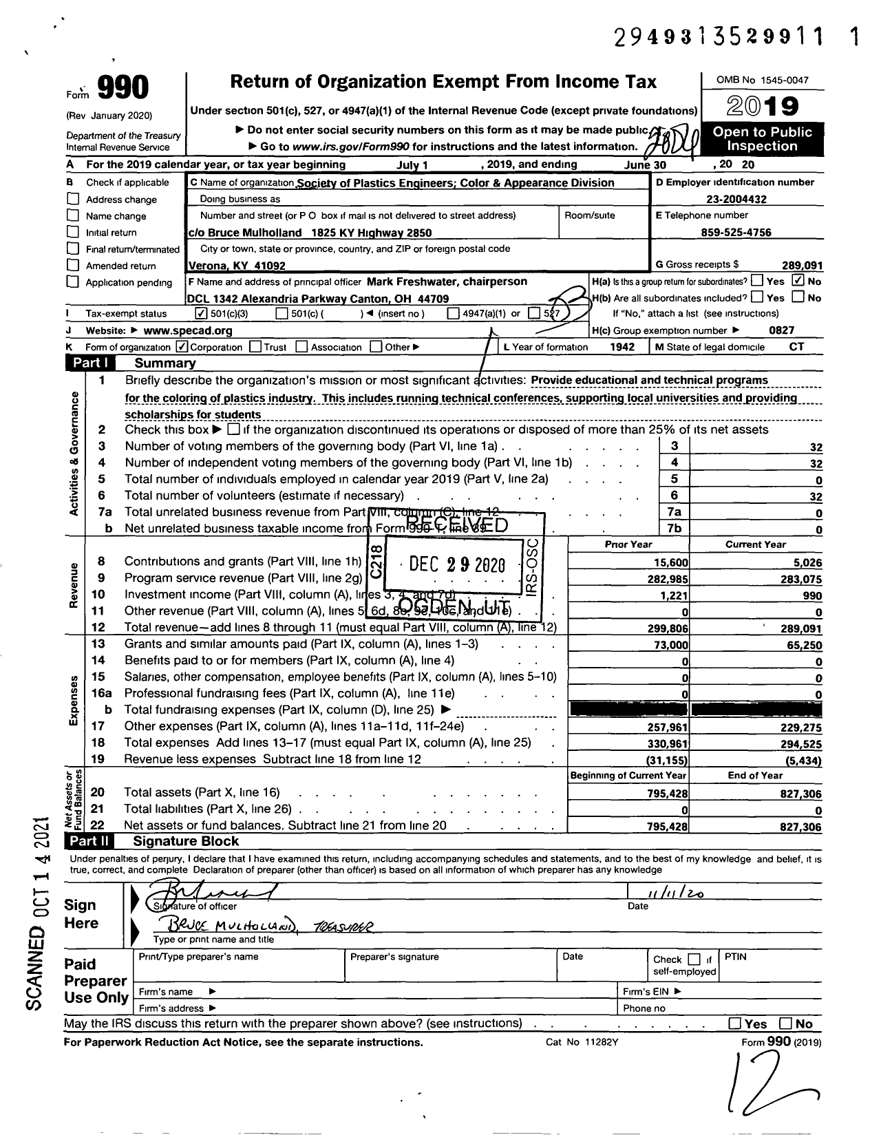 Image of first page of 2019 Form 990 for SOCIETY OF PLASTICS ENGINEERS - 21 Color and Appearance Division