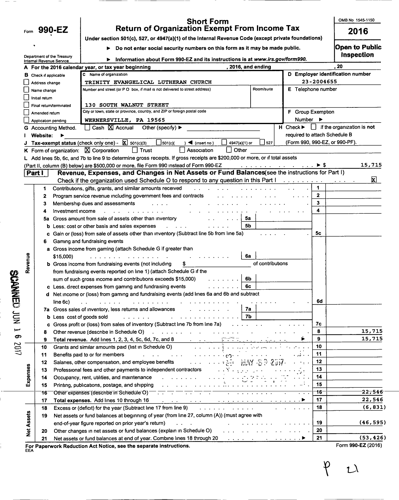 Image of first page of 2016 Form 990EZ for Trinity Evangelical Lutheran Church