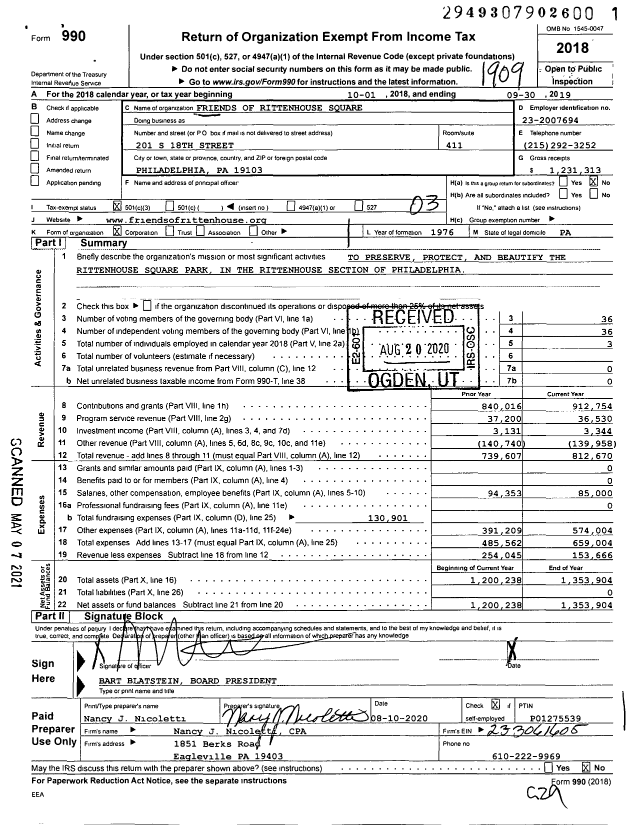 Image of first page of 2018 Form 990 for Friends of Rittenhouse Square