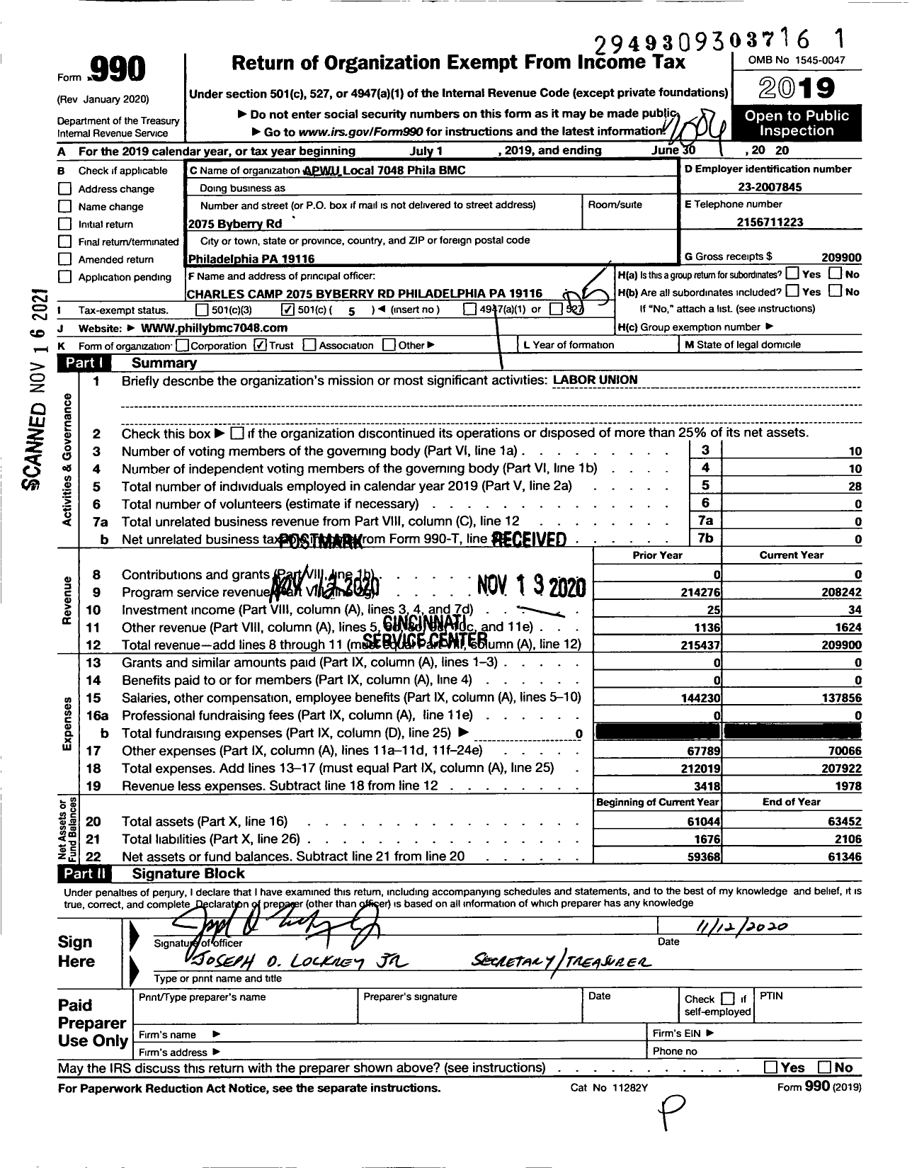 Image of first page of 2019 Form 990O for American Postal Workers Union - APWU Local 7048 Phila BMC