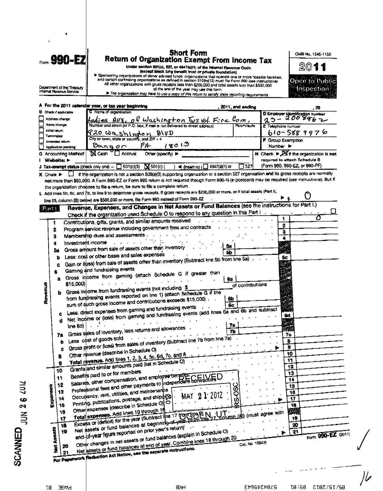 Image of first page of 2011 Form 990EO for Ladies Auxiliary of Washington TWSP Volunteer Fire Company of Northham