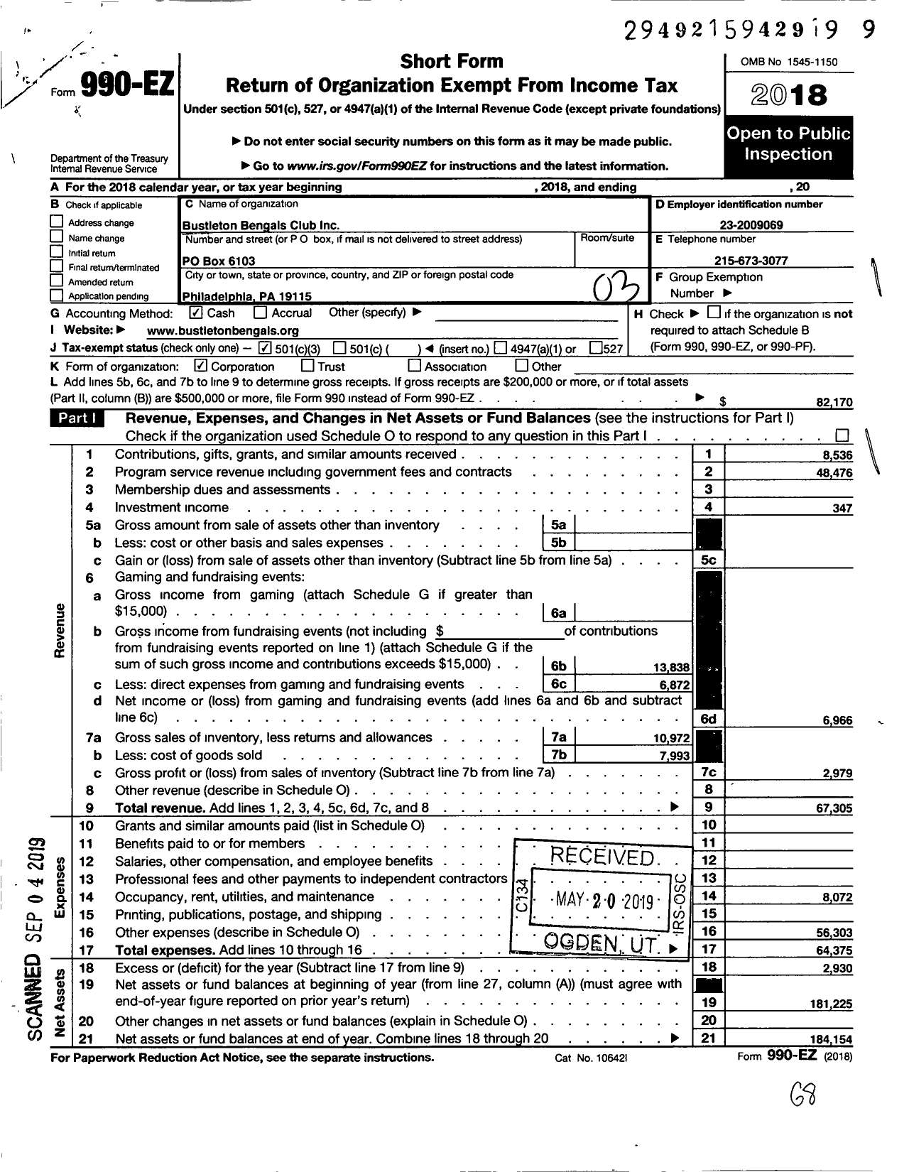 Image of first page of 2018 Form 990EZ for Bustleton Bengals Club