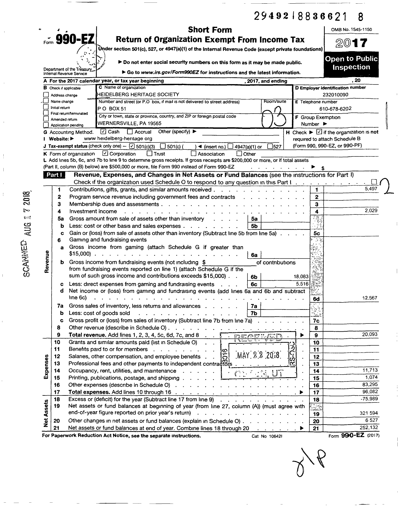 Image of first page of 2017 Form 990EZ for Heidelberg Heritage Society