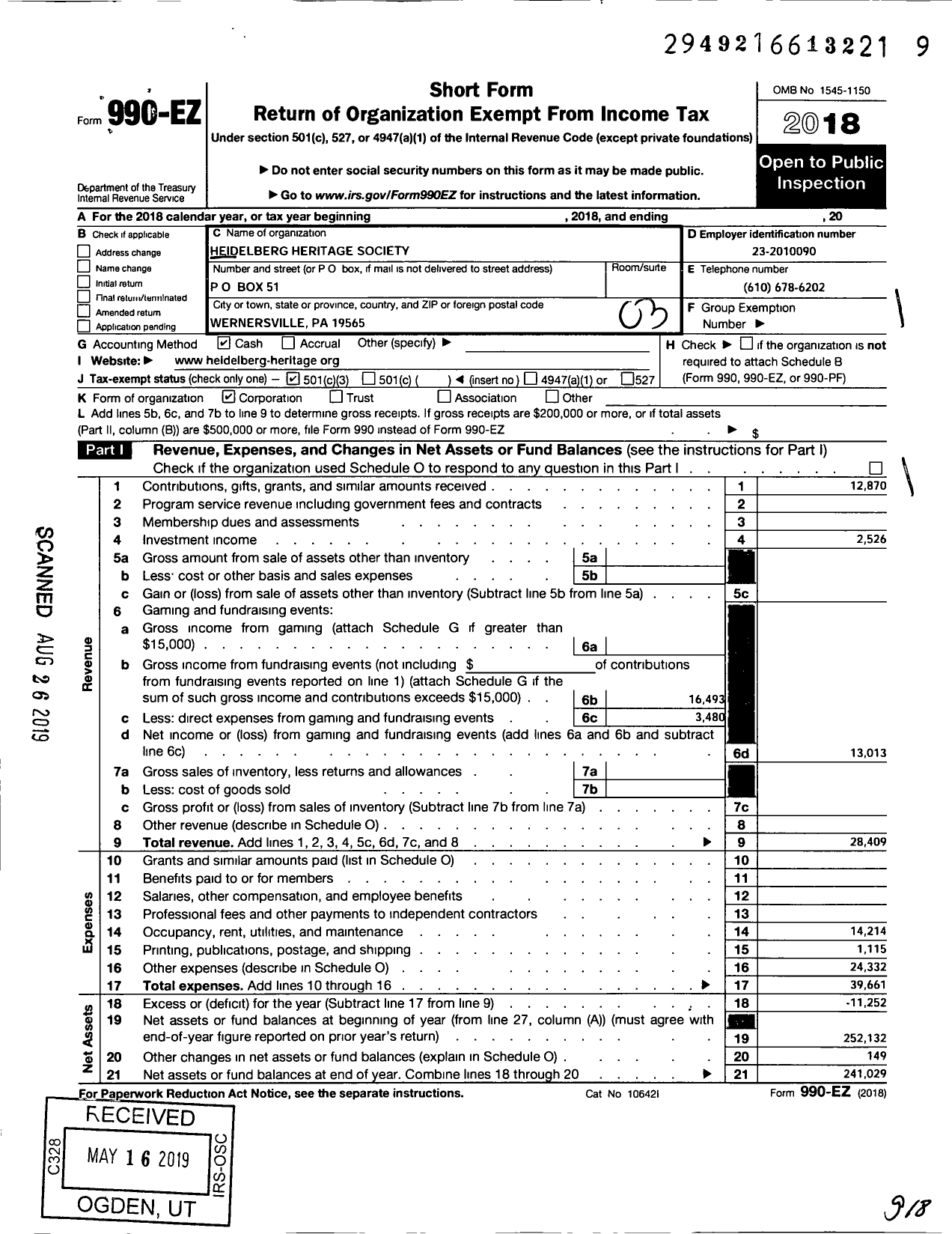 Image of first page of 2018 Form 990EZ for Heidelberg Heritage Society