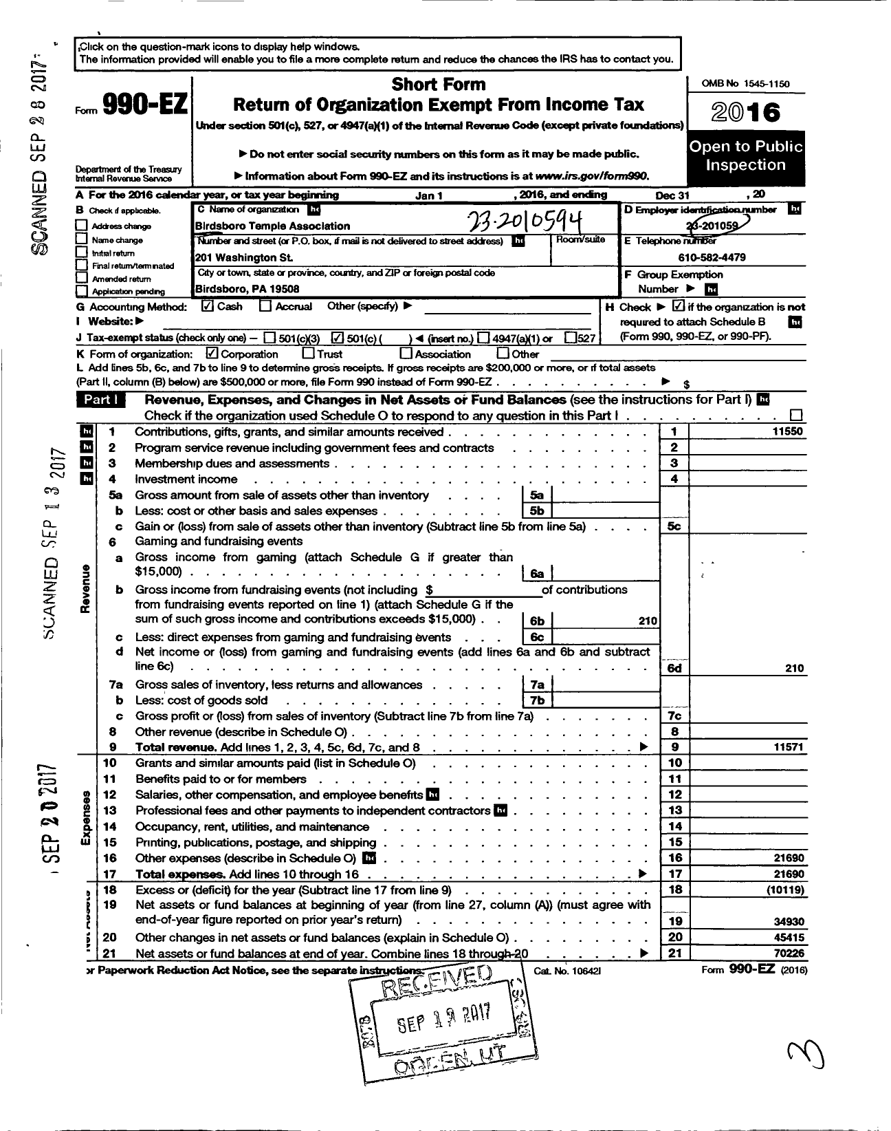 Image of first page of 2016 Form 990EO for Birdsboro Temple Association