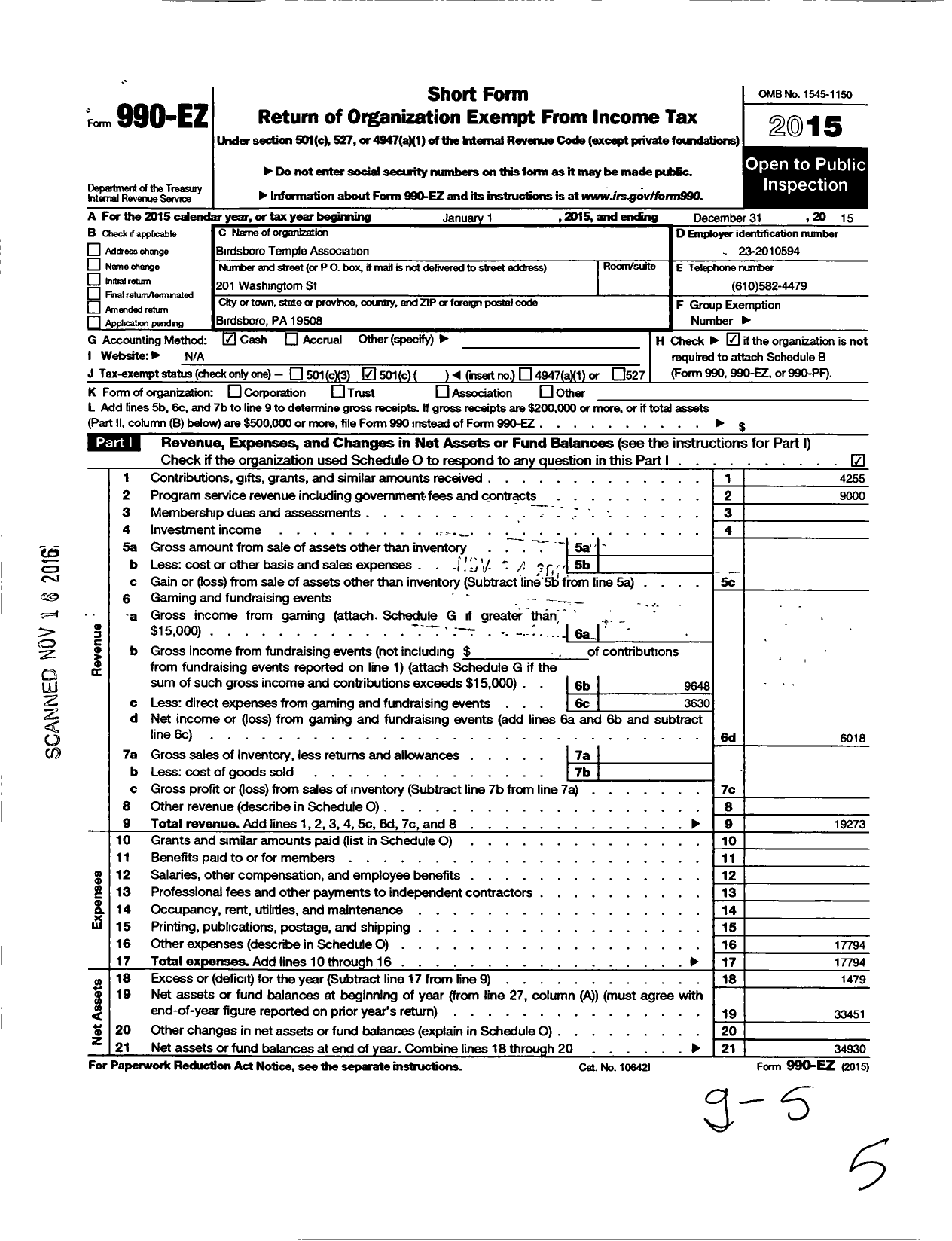 Image of first page of 2015 Form 990EO for Birdsboro Temple Association