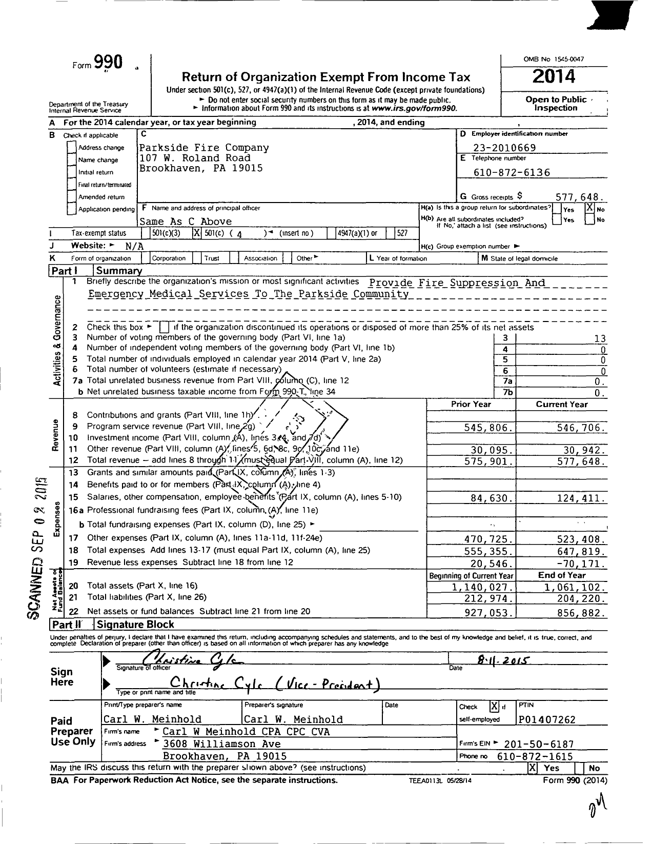 Image of first page of 2014 Form 990O for Parkside Fire Company