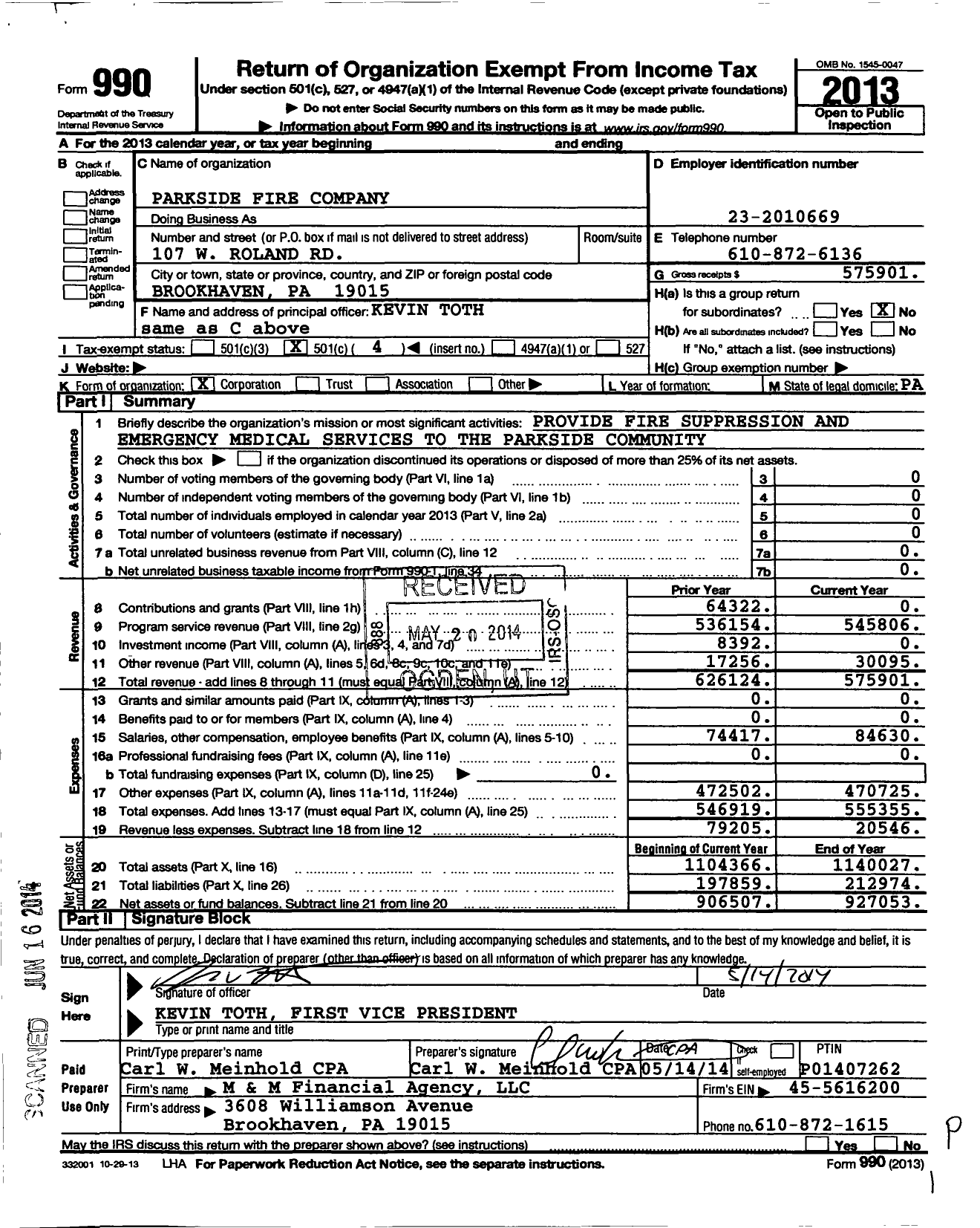 Image of first page of 2013 Form 990O for Parkside Fire Company